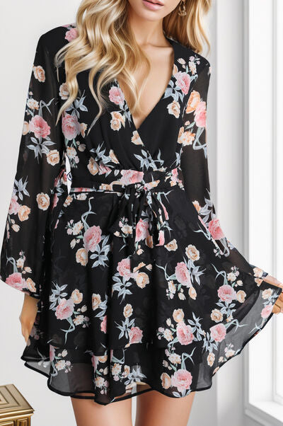 swvws Printed Surplice Balloon Sleeve Mini Dress