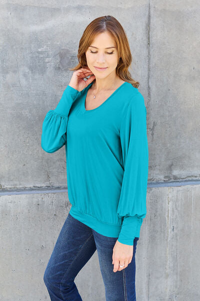 swvws Basic Bae Full Size V-Neck Lantern Sleeve Blouse