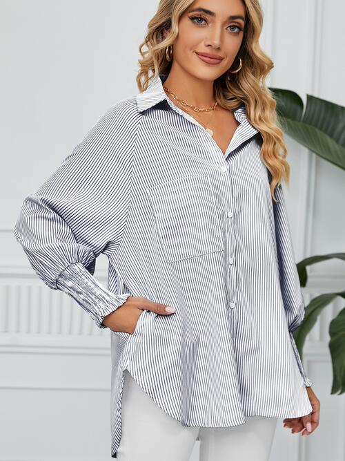 swvws Striped Button Up Smocked Long Sleeve Shirt