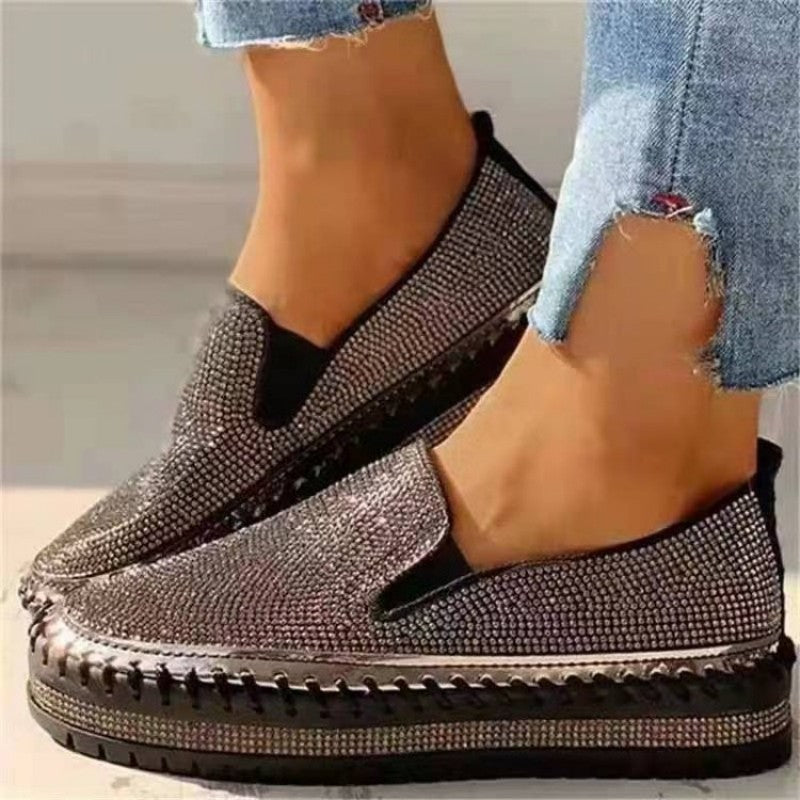 swvws - Silver Casual Patchwork Rhinestone Round Comfortable Out Door Flats Shoes