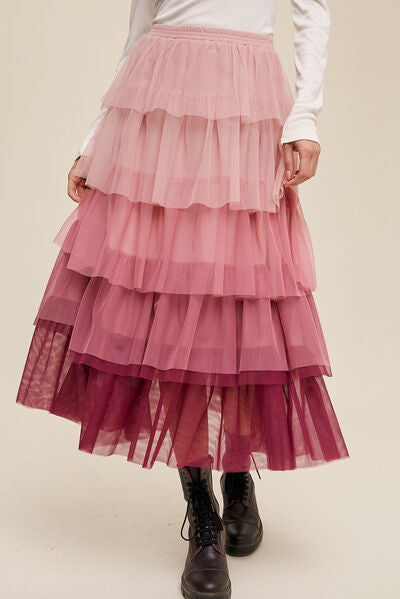 swvws Elastic Waist Layered Tulle Midi Skirt