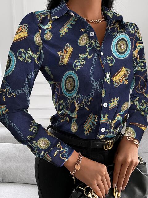 swvws Printed Collared Neck Long Sleeve Shirt