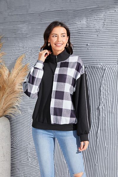 swvws Plaid Exposed Seam Long Sleeve Blouse