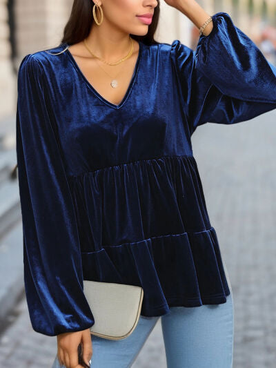 swvws V-Neck Balloon Sleeve Peplum Blouse