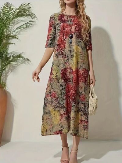 swvws Full Size Printed Half Sleeve Midi Dress