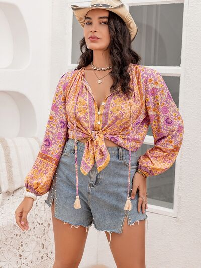 swvws Plus Size Tie Neck Tassel Printed Blouse