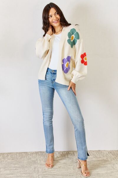 swvws J.NNA Open Front Flower Pattern Long Sleeve Sweater Cardigan