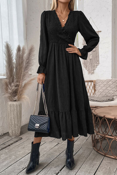 swvws Smocked Surplice Flounce Sleeve Midi Dress