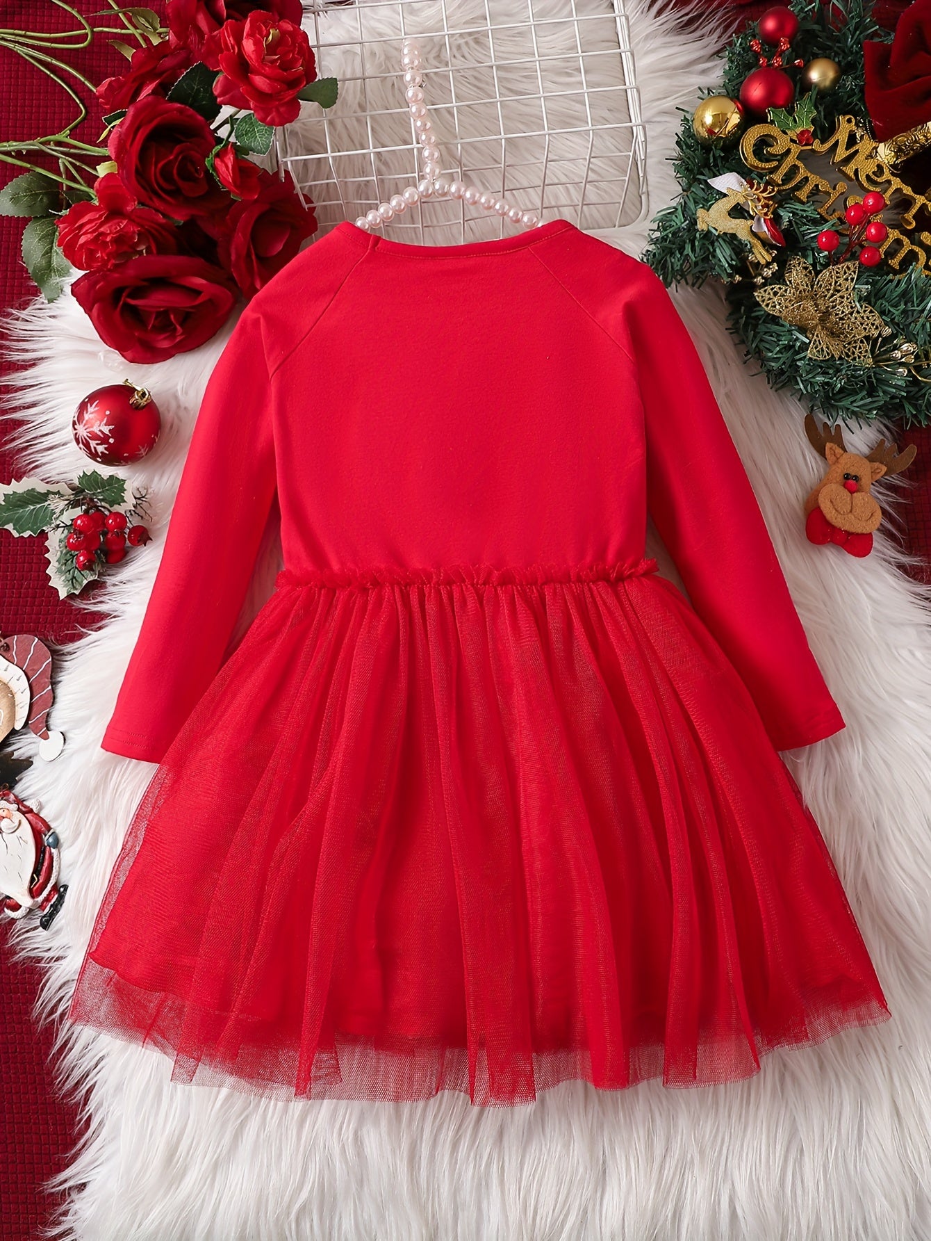 Girls Cute & Stunning Long Sleeve Sequin Deer Pattern Mesh Tutu Dress For Spring & Fall As Christmas Gifts