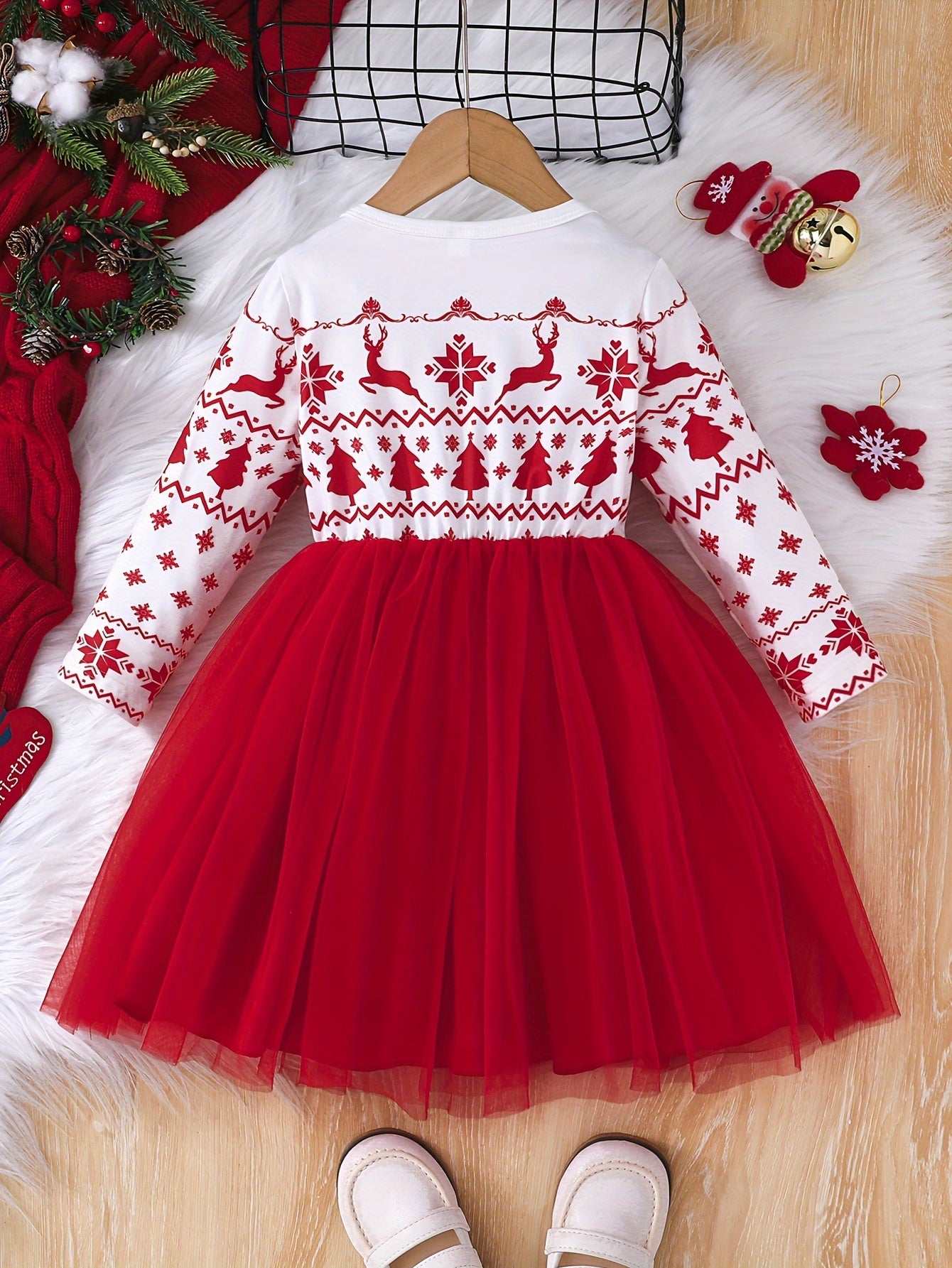 Adorable Girls' Christmas Reindeer Print Long Sleeve Tutu Dress - Perfect for Holiday Parties & Gifts, Machine Washable