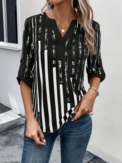 swvws Striped Notched Half Sleeve Blouse