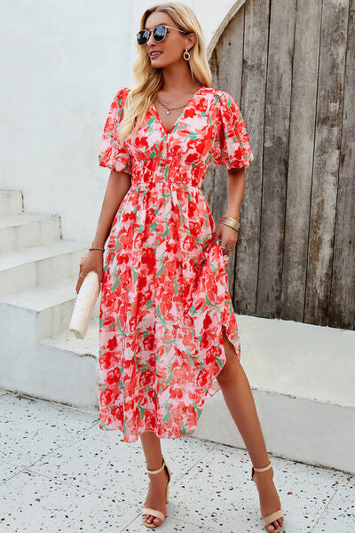 swvws Smocked Printed V-Neck Short Sleeve Dress