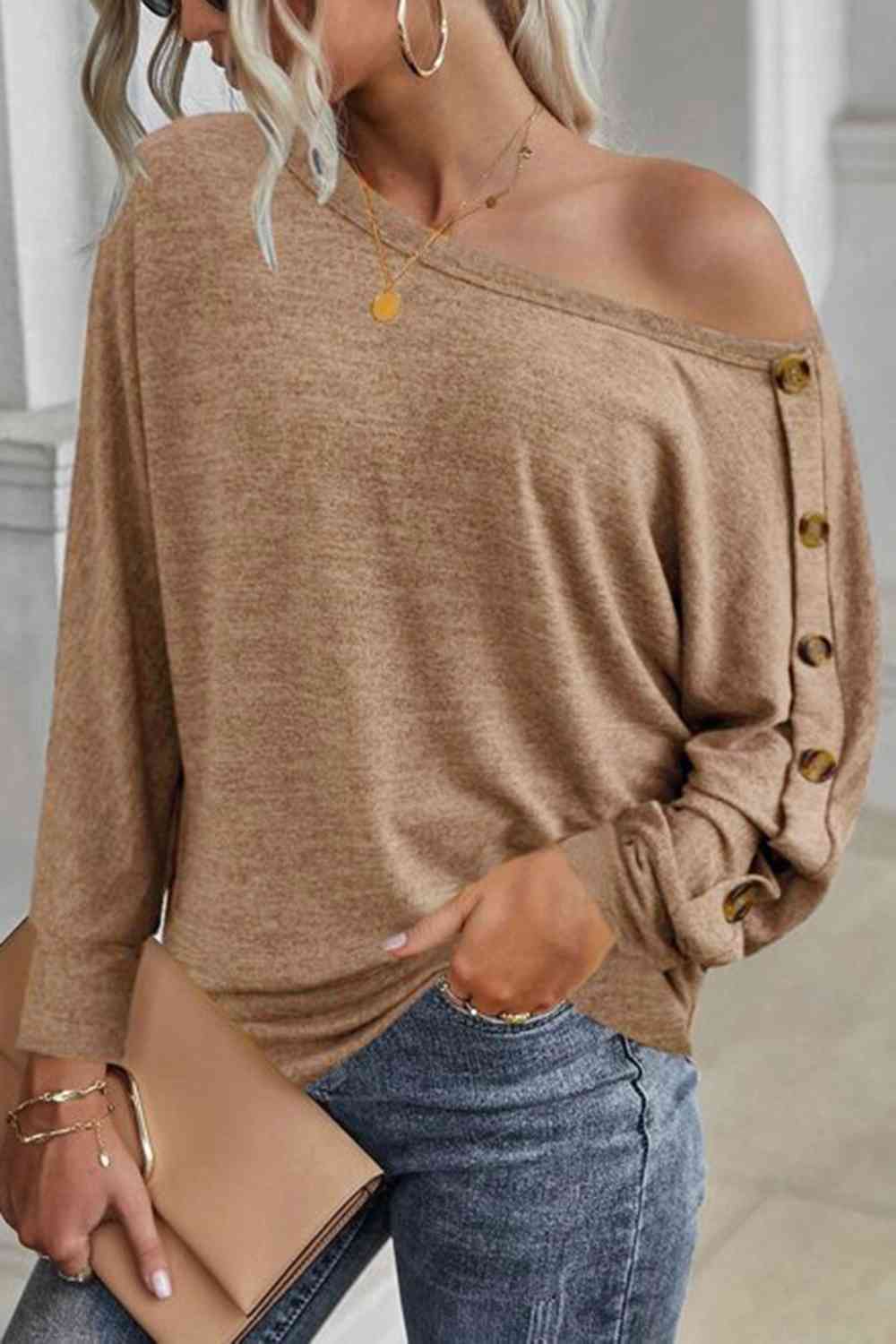 swvws Boat Neck Buttoned Long Sleeve T-Shirt