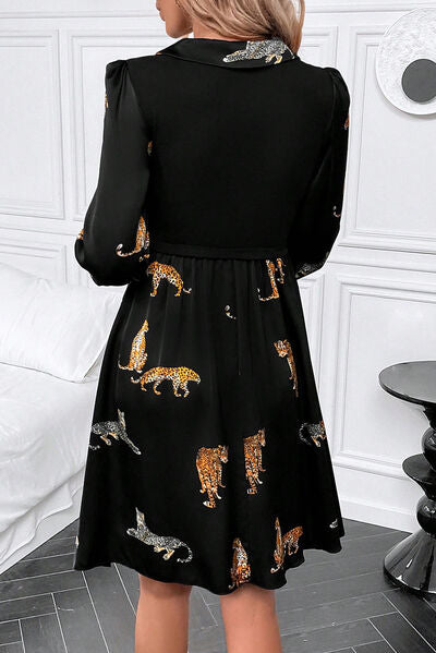 swvws Animal Collared Neck Balloon Sleeve Mini Dress