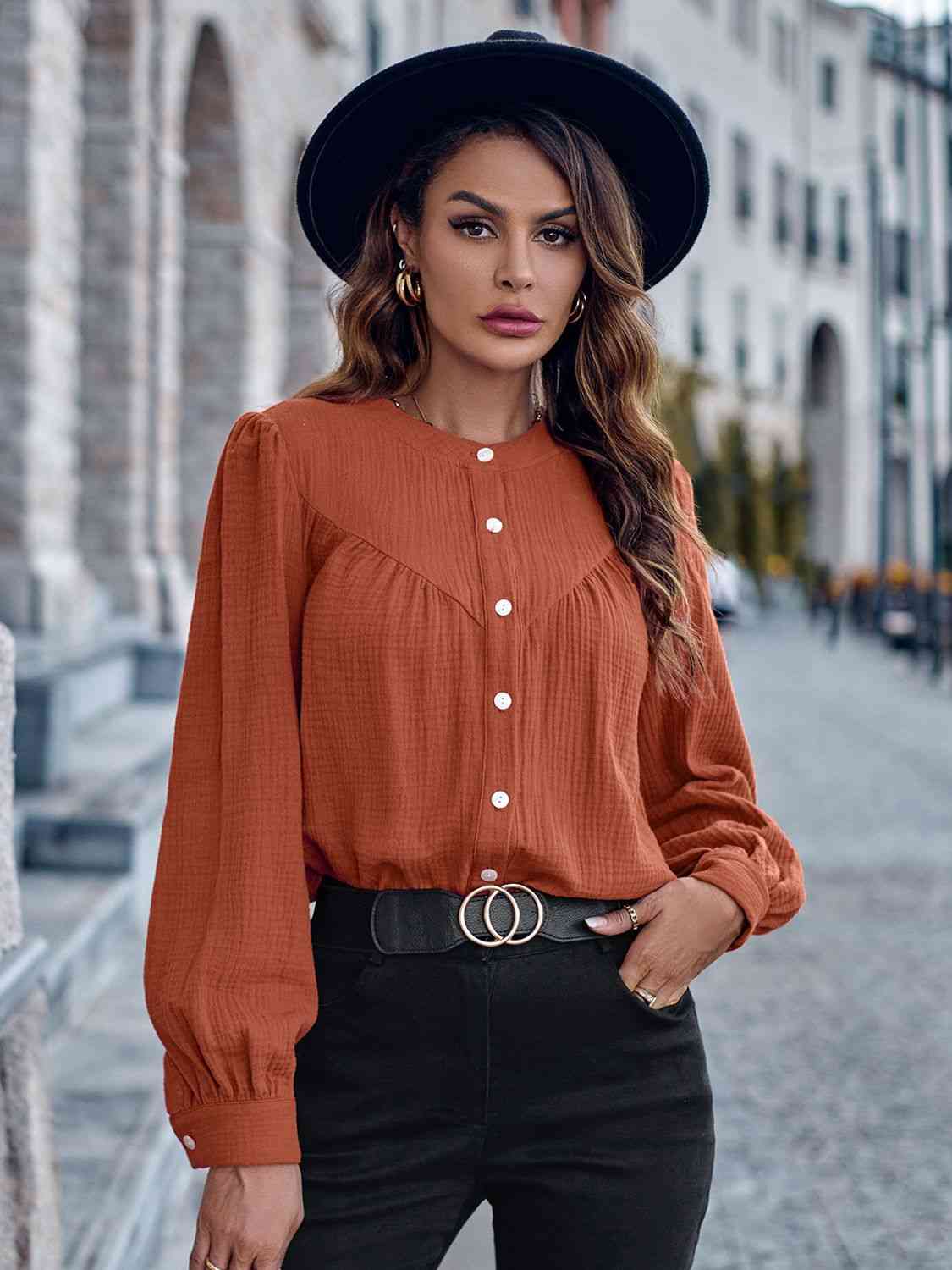 swvws Round Neck Puff Sleeve Shirt