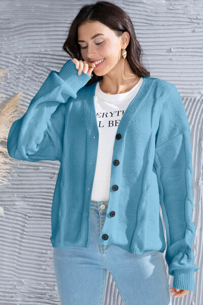 swvws Button Up V-Neck Drop Shoulder Long Sleeve Cardigan