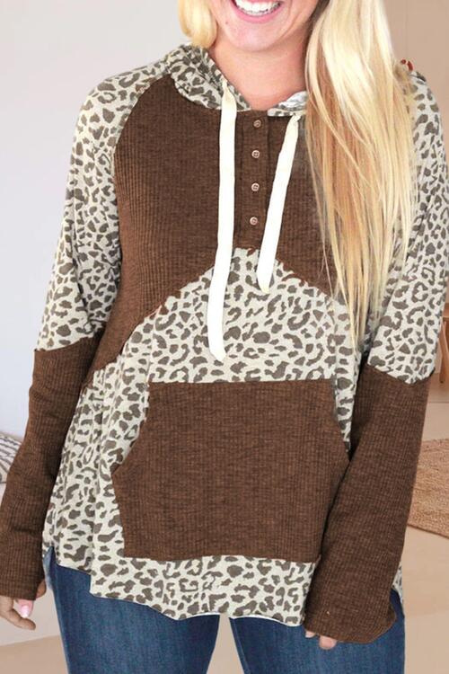 swvws Drawstring Leopard Long Sleeve Hoodie