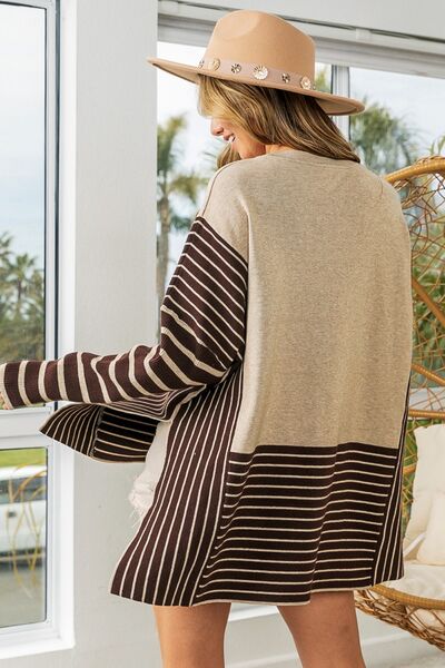 swvws BiBi Striped Contrast Long Sleeve Slit Top