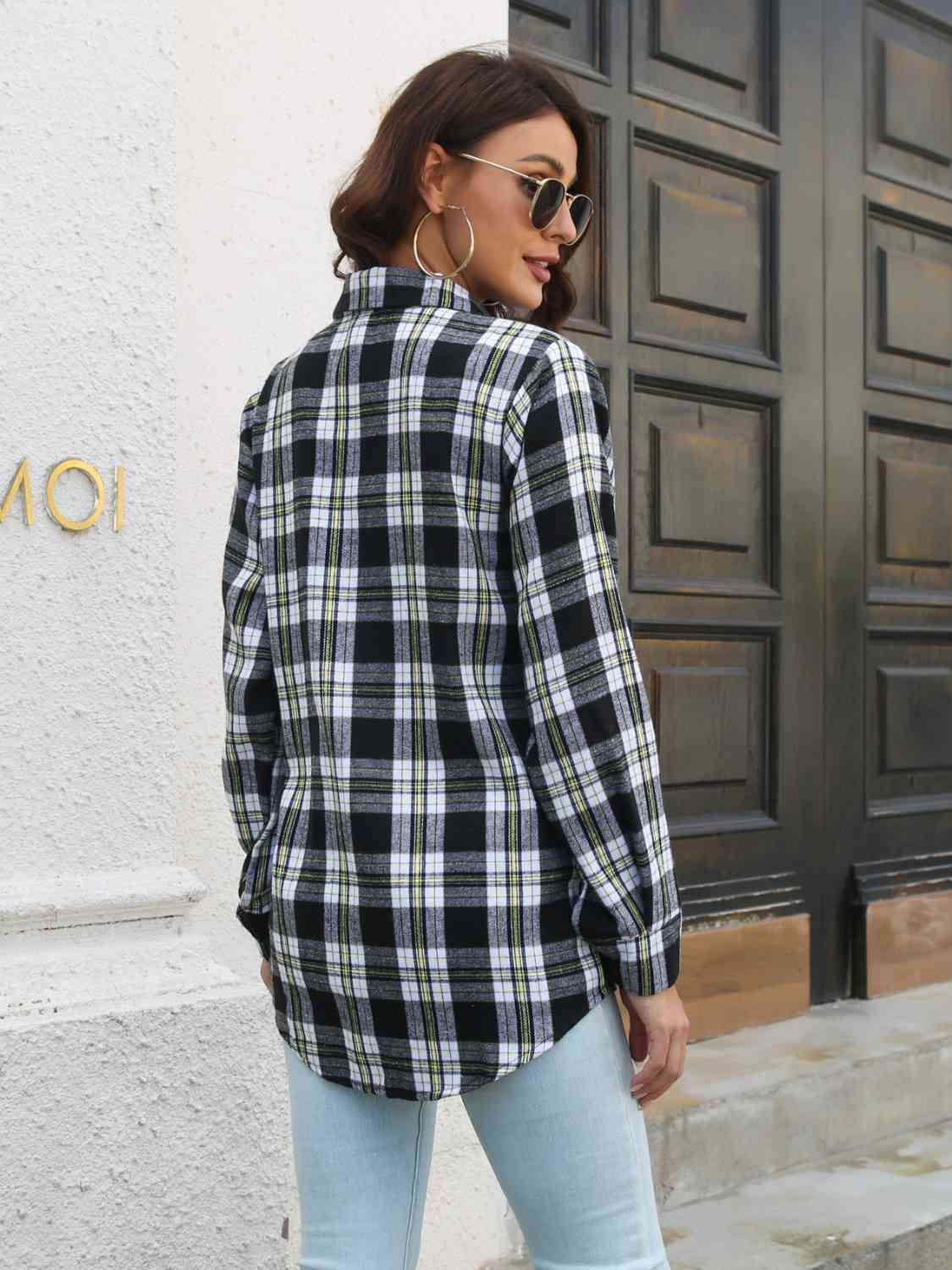 swvws Plaid Collared Neck Buttoned Shirt with Pockets