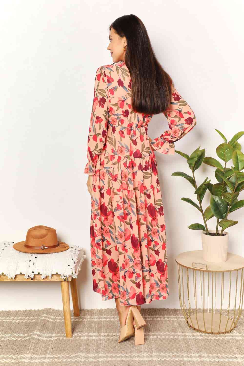 swvws Double Take Floral Frill Trim Flounce Sleeve Plunge Maxi Dress