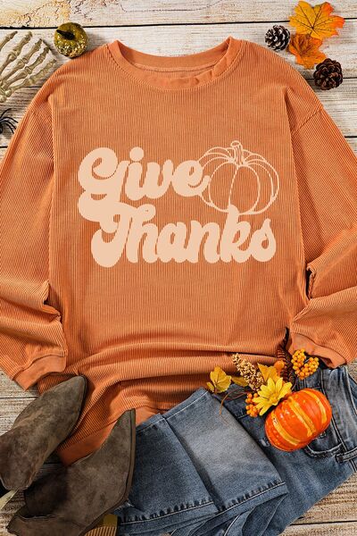 swvws GIVE THANKS Ribbed Round Neck Sweatshirt