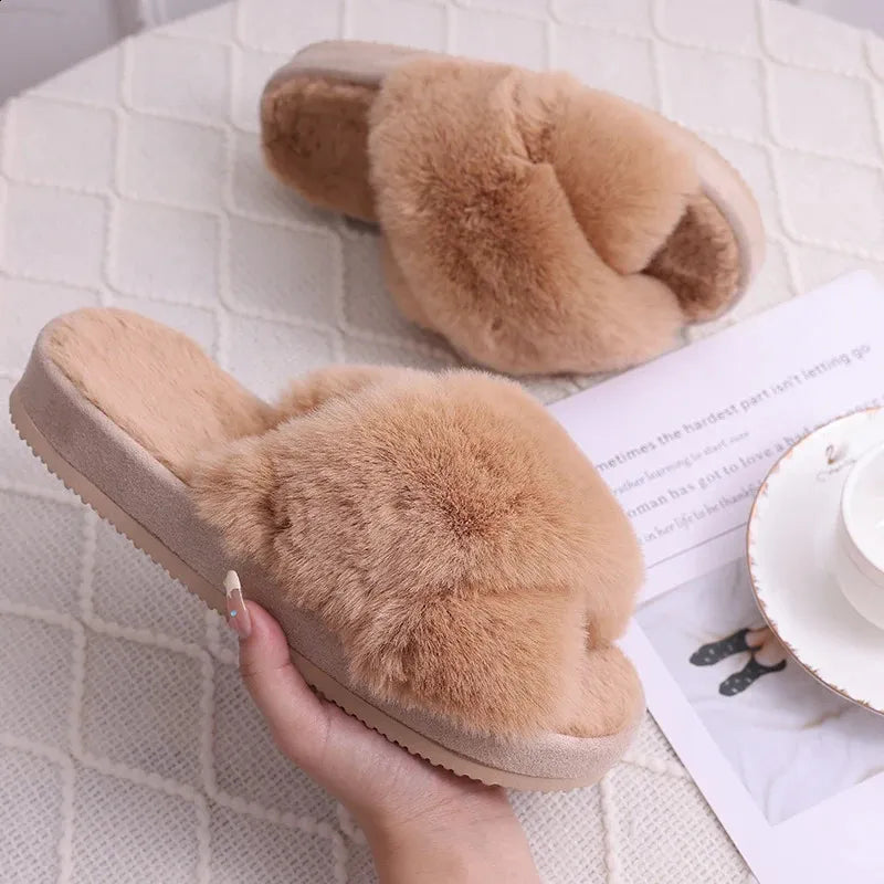 Winter Womens Fuzzy Slippers Warm Fluffy Indoor House Shoes Outdoor Antiskid Slippers Fashion Soft Open Toe Bedroom Slippers 240830