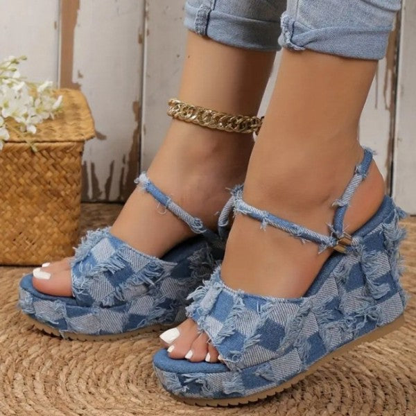 swvws - Light Blue Casual Patchwork Fish Mouth Out Door Wedges Shoes