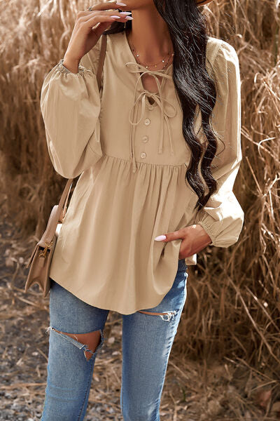 swvws Tied Decorative Button Balloon Sleeve Blouse