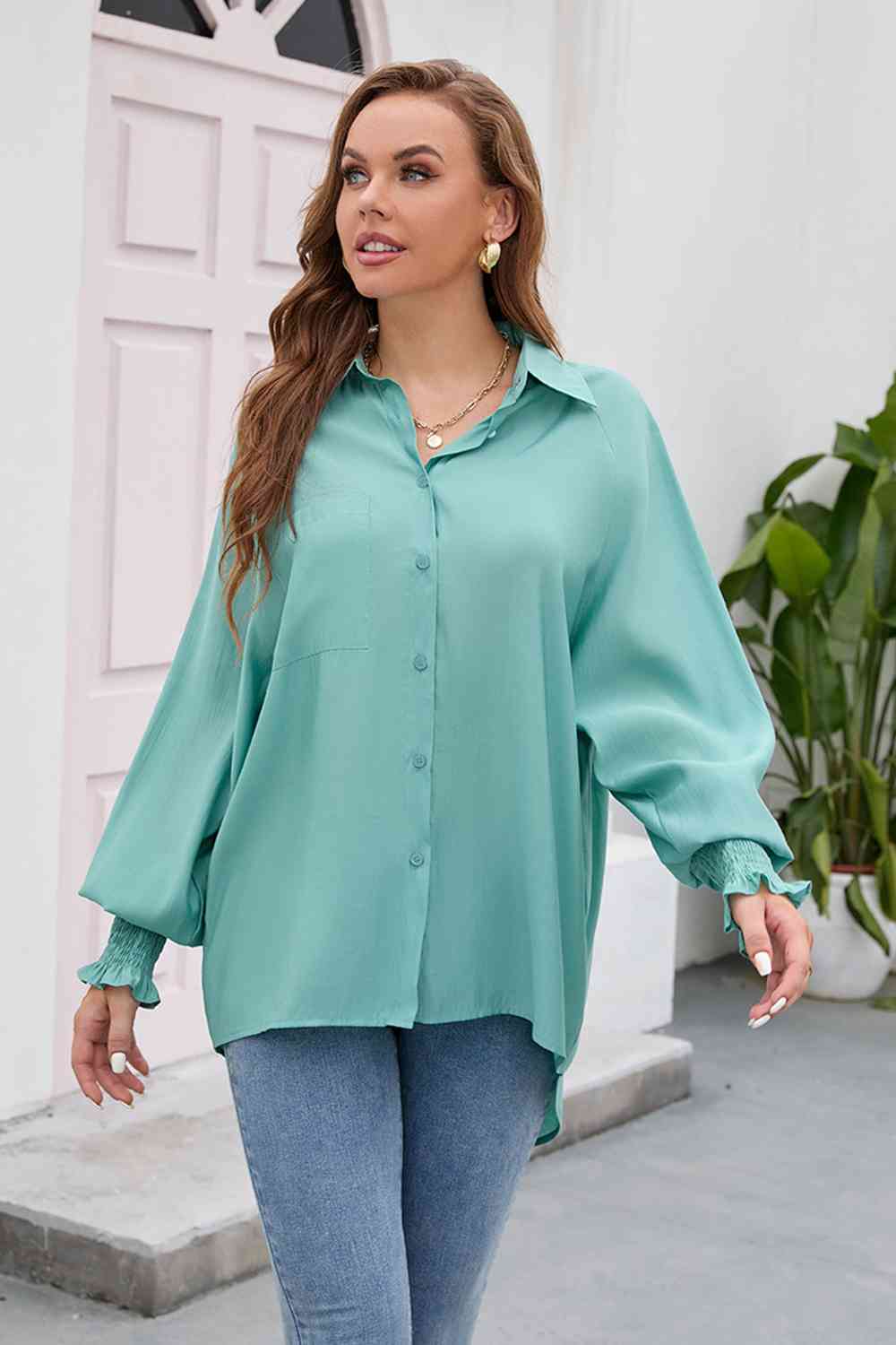 swvws High-Low Collared Neck Lantern Sleeve Shirt