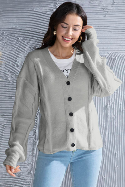 swvws Button Up V-Neck Drop Shoulder Long Sleeve Cardigan