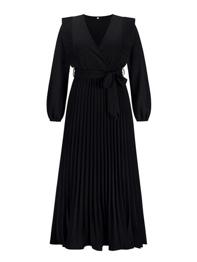 swvws Pleated Surplice Tie Waist Maxi Dress