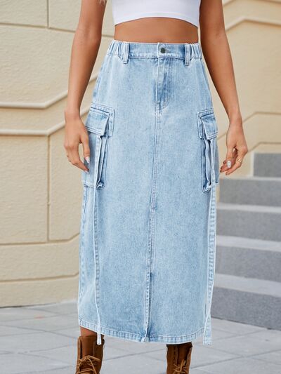 swvws Slit Pocketed High Waist Denim Skirt