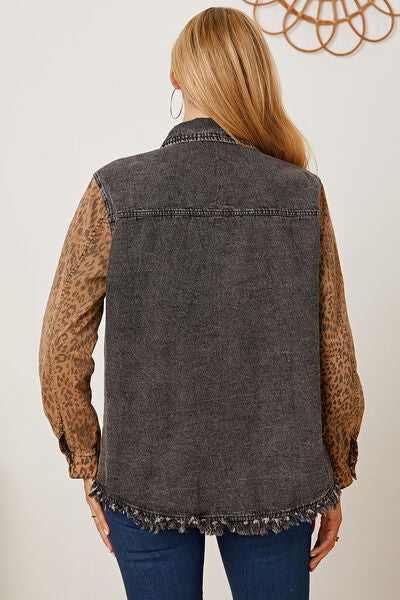 swvws Leopard Raw Hem Pocketed Denim Jacket