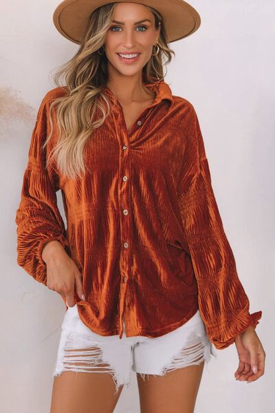 swvws Button Up Collared Neck Drop Shoulder  Velvet Shirt