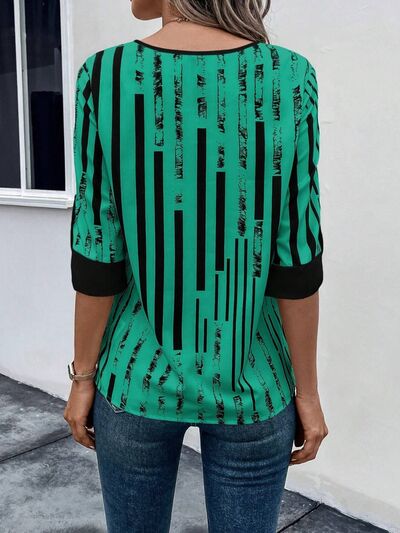 swvws Striped Notched Half Sleeve Blouse