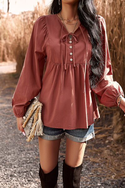 swvws Tied Decorative Button Balloon Sleeve Blouse