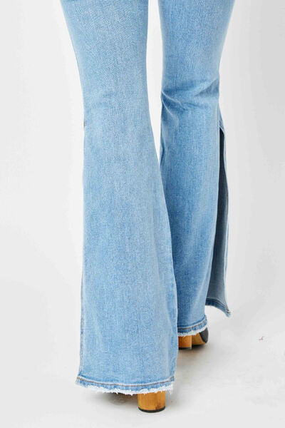 swvws Judy Blue Full Size Mid Rise Raw Hem Slit Flare Jeans