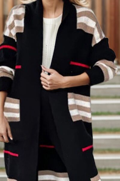 swvws Striped Open Front Long Sleeve Longline Sweater Cardigan