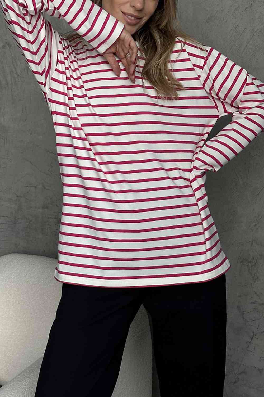 swvws Round Neck Striped Dropped Shoulder T-Shirt