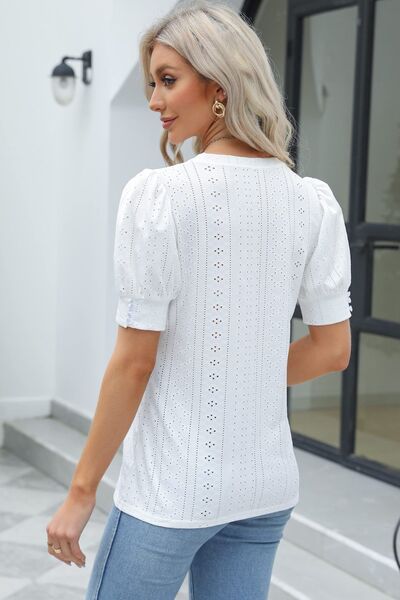 swvws Openwork Round Neck Short Sleeve Blouse