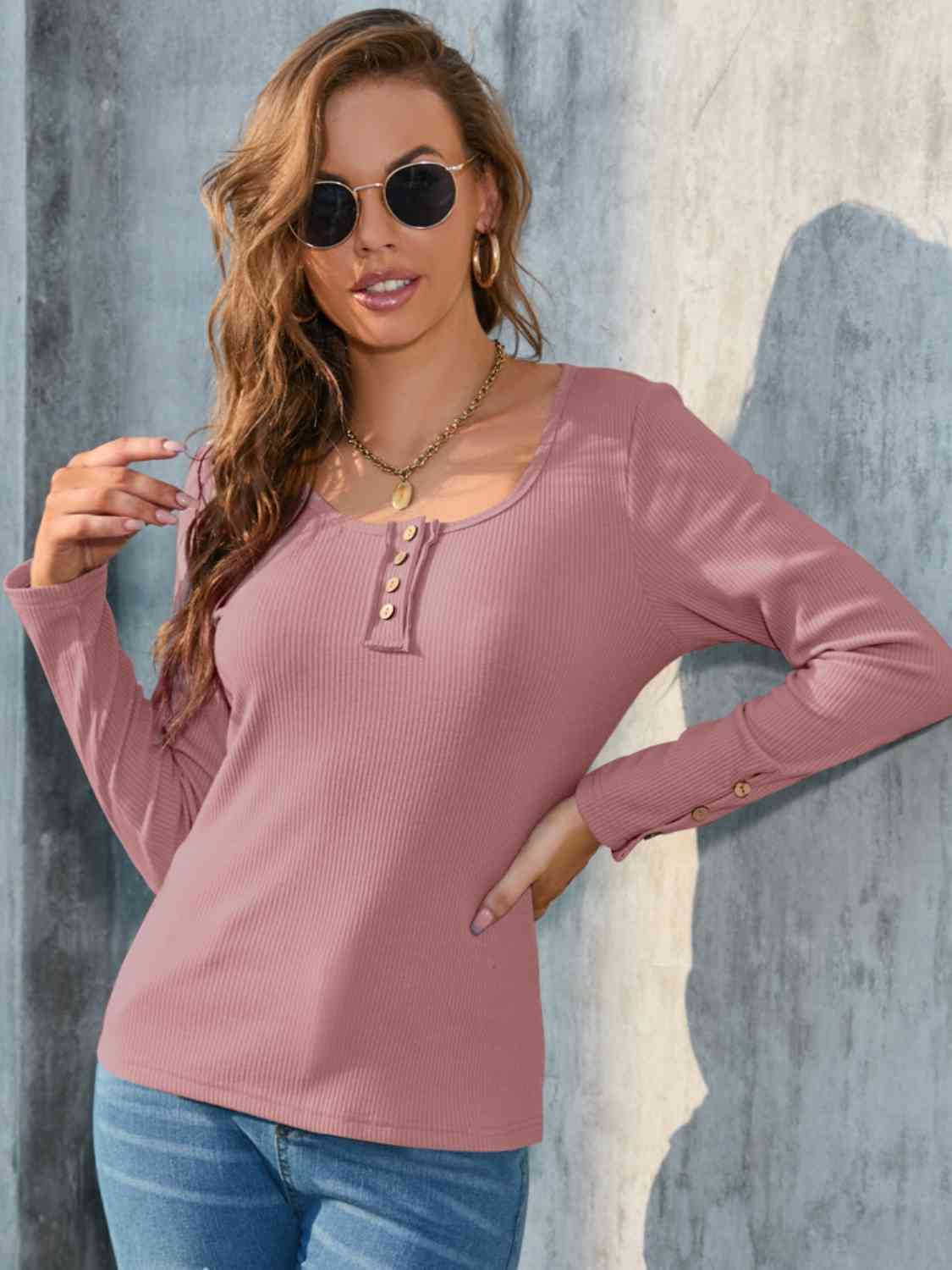 swvws Buttoned Round Neck Long Sleeve T-Shirt