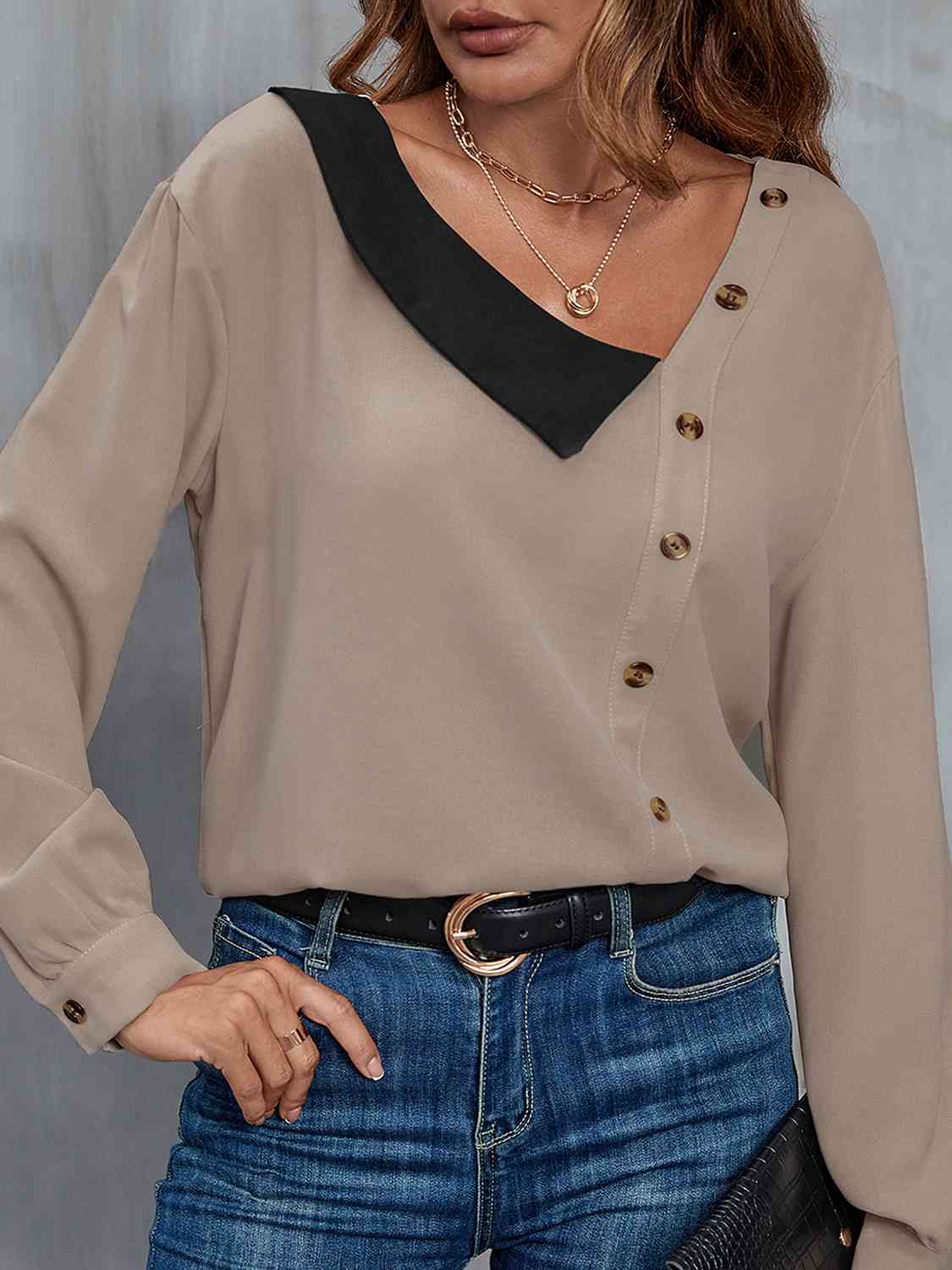 swvws Asymmetrical Neck Buttoned Long Sleeve Top