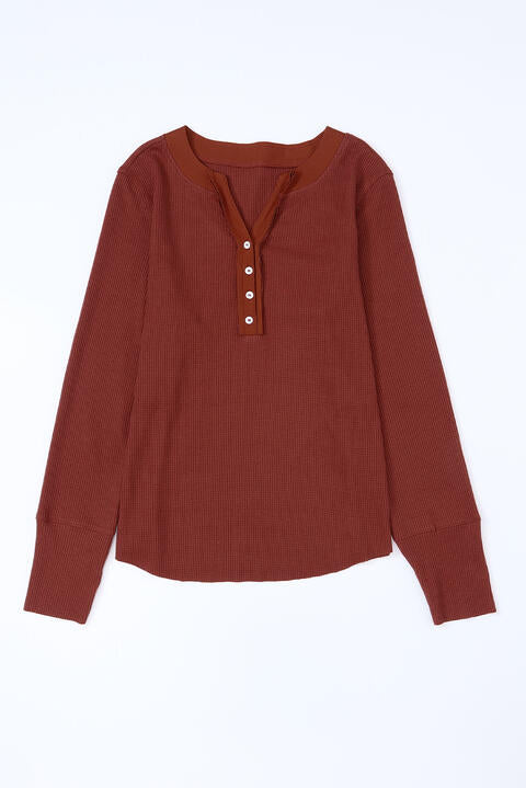 swvws Waffle Knit Buttoned Notched Neck Long Sleeve T-Shirt