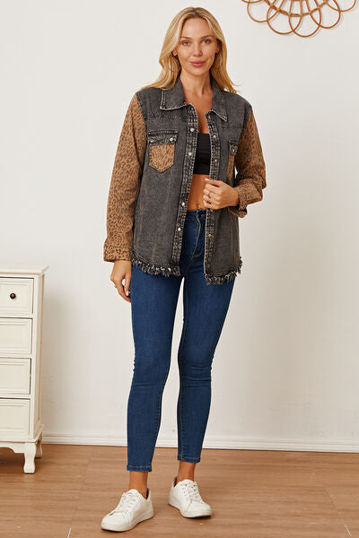 swvws Leopard Raw Hem Pocketed Denim Jacket