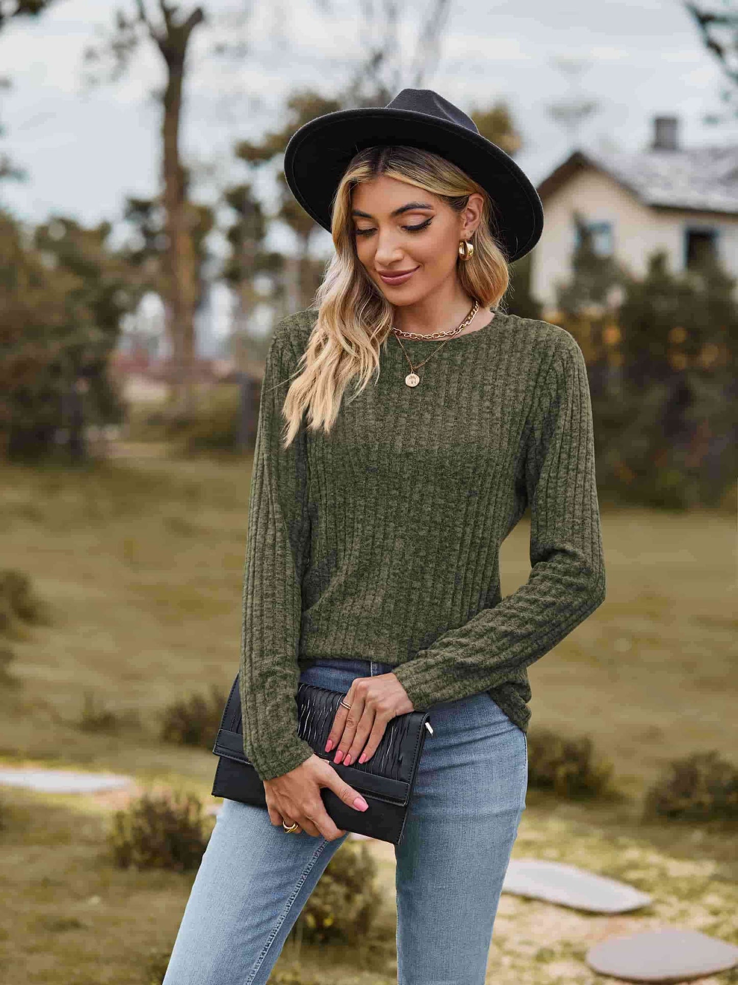 swvws Ribbed Round Neck Long Sleeve Tee