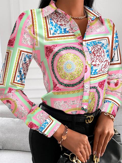 swvws Printed Collared Neck Long Sleeve Shirt