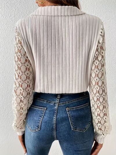 swvws Lace Detail Johnny Collar Long Sleeve Blouse