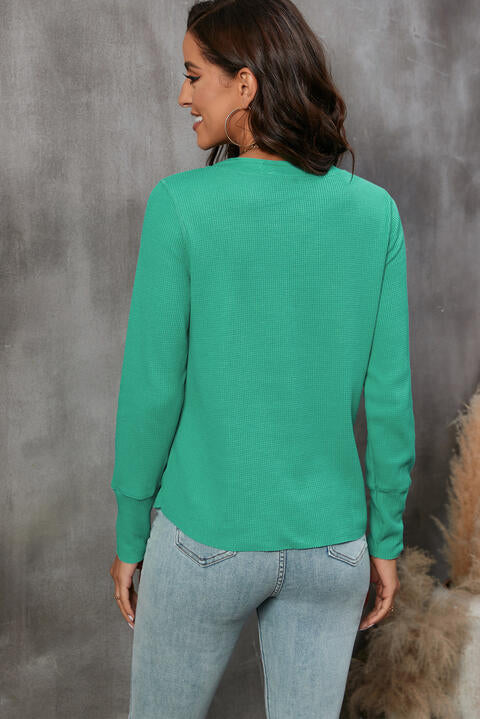 swvws Waffle Knit Buttoned Notched Neck Long Sleeve T-Shirt