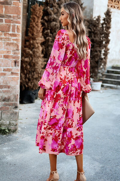 swvws Printed Balloon Sleeve Pocketed Midi Dress