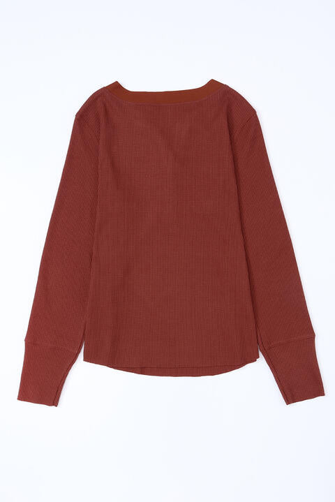 swvws Waffle Knit Buttoned Notched Neck Long Sleeve T-Shirt